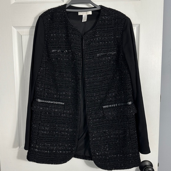 Chico's‎ size 1 open front textured metallic jacket, faux leather trim, office - Picture 1 of 13